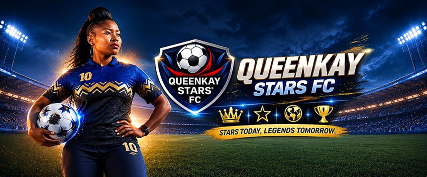 A Queenkay Stars FC player in the club's navy and gold kit holding a football under stadium floodlights